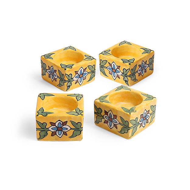 Picture of Blue Pottery T-Light Candle Holder- Yellow