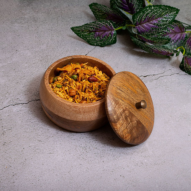 Picture of Handcrafted Wooden Box Pot Serving Bowl with Lid - Brown